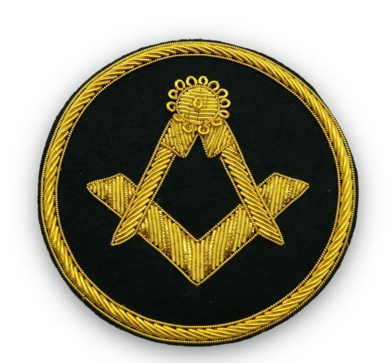 Masonic Bullion Wire Hand Embroidered Badge , Sew On Pocket Size, Masonic Emblem Golden Color
