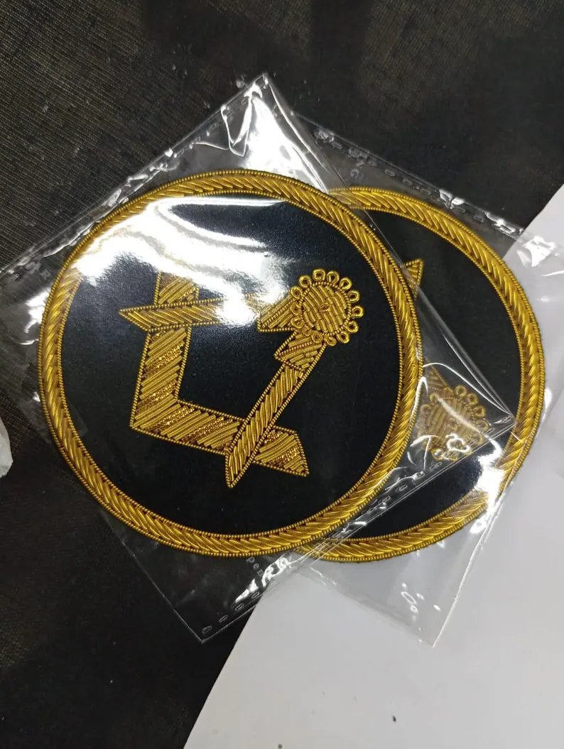 Masonic Bullion Wire Hand Embroidered Badge , Sew On Pocket Size, Masonic Emblem Golden Color - Image 2