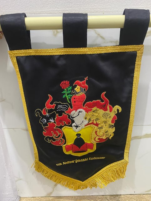 Custom Handcrafted Family Crest - Bullion Wire Embroidered Coat of Arms in Banner Style, Fully Customized Hand Embroidered, Free Shipping